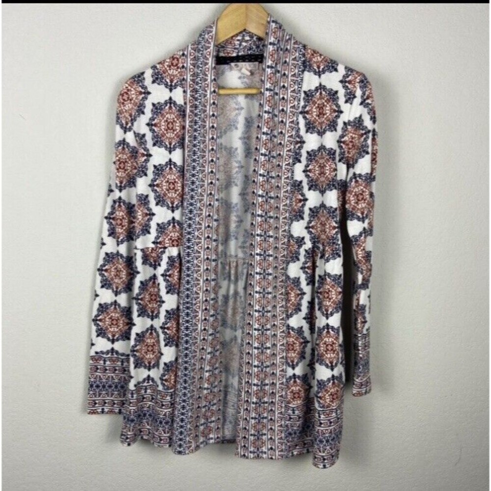 Lila Rose Medallion Print Ivory Knit Open Front Sweater Size Small Long Sleeve